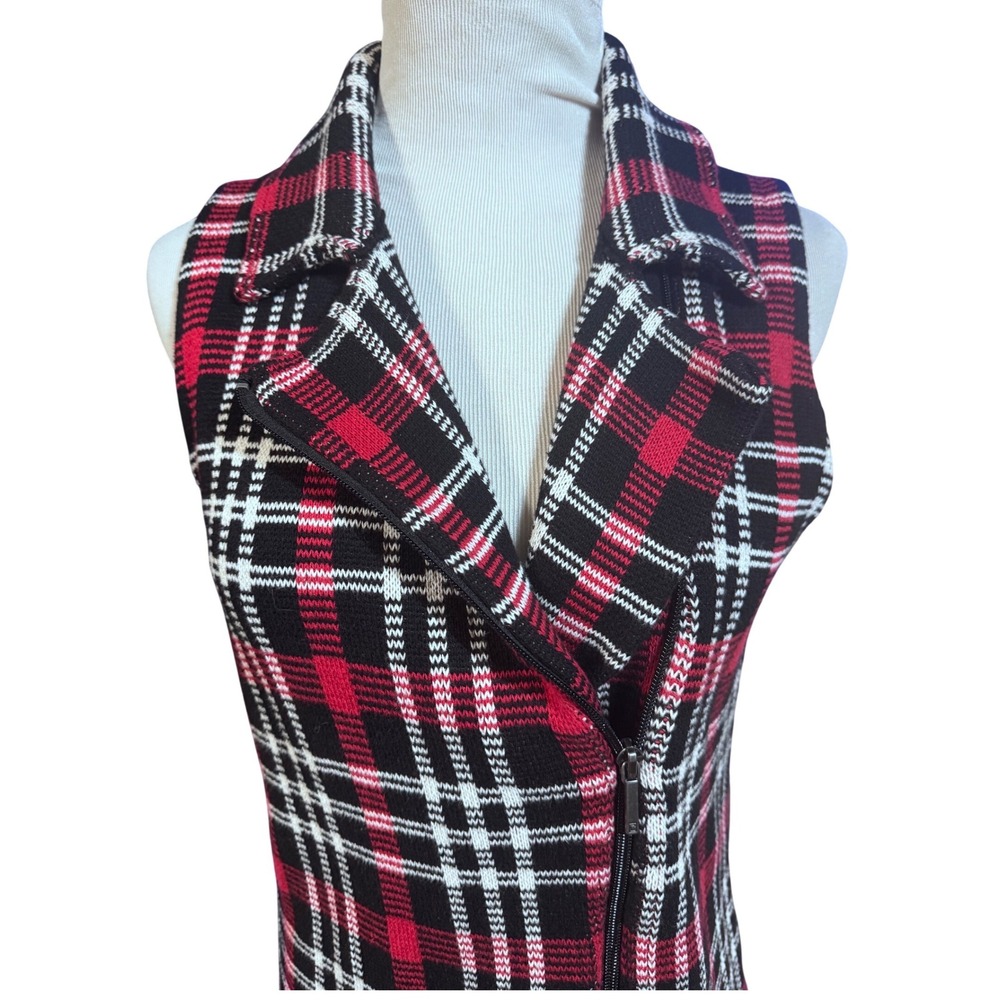 Chaps Sweater Vest Womens L Red Plaid Cotton Asymmetrical Zip Moto Knit Boho